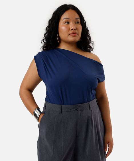 blusa feminina de poliamida assimétrica franzida plus size azul