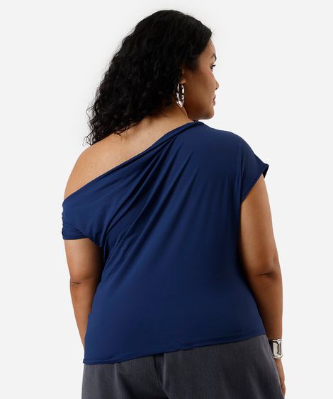 blusa feminina de poliamida assimétrica franzida plus size azul