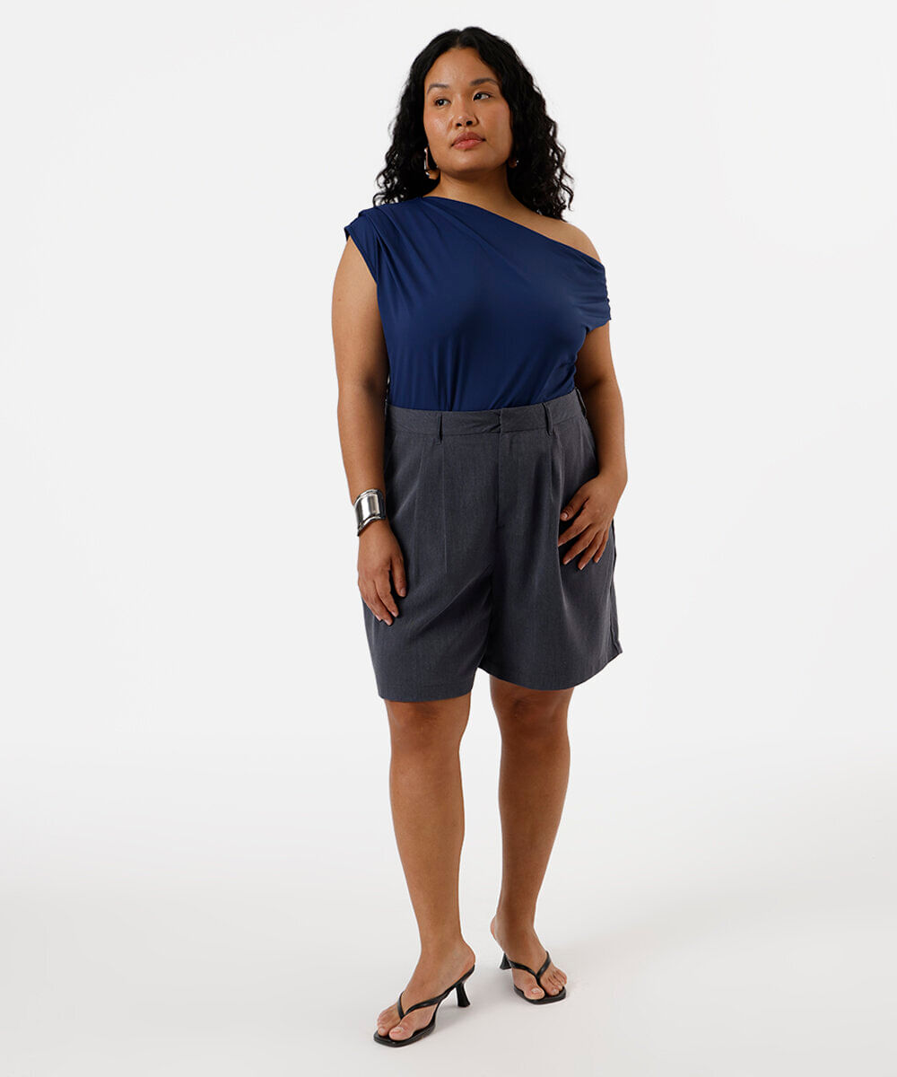blusa feminina de poliamida assimétrica franzida plus size azul