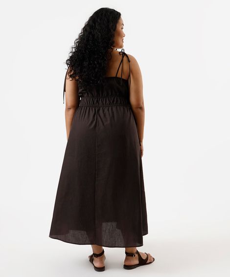 vestido midi feminino com amarração plus size marrom