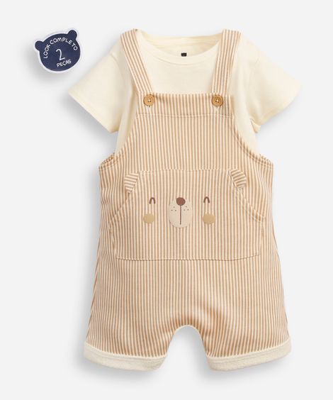 jardineira infantil listrado de urso com blusa bege