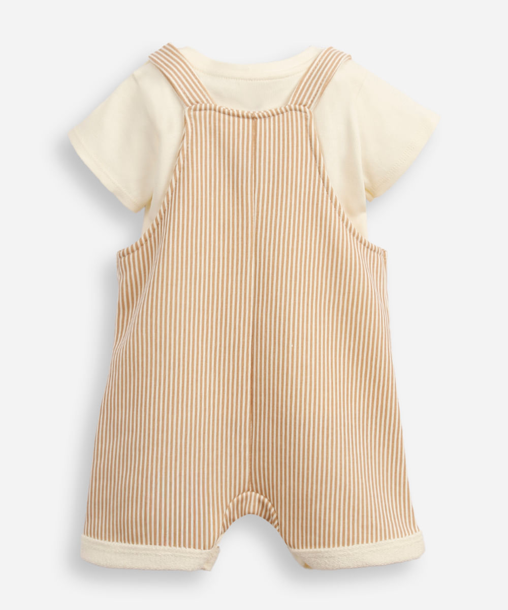 jardineira infantil listrado de urso com blusa bege