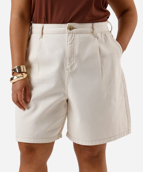 bermuda feminina de sarja com pregas plus size bege