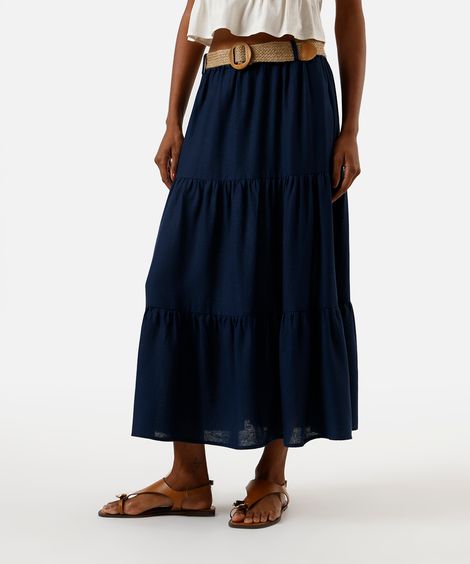saia midi feminina com linho e cinto azul
