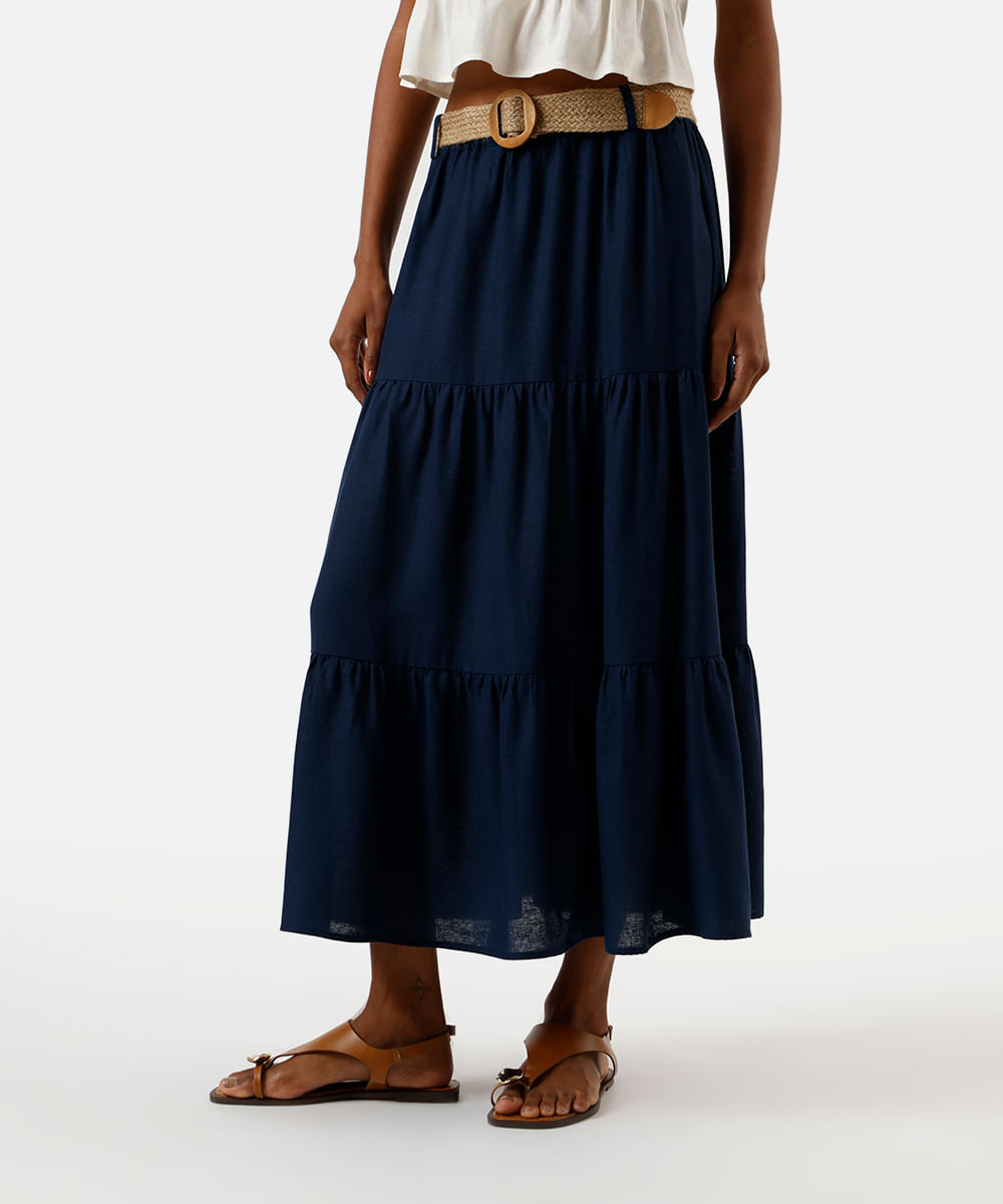 saia midi feminina com linho e cinto azul