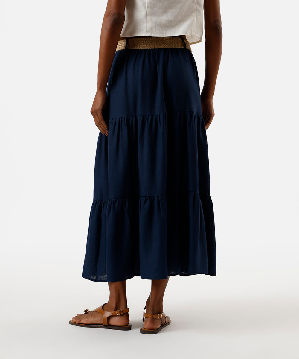 saia midi feminina com linho e cinto azul