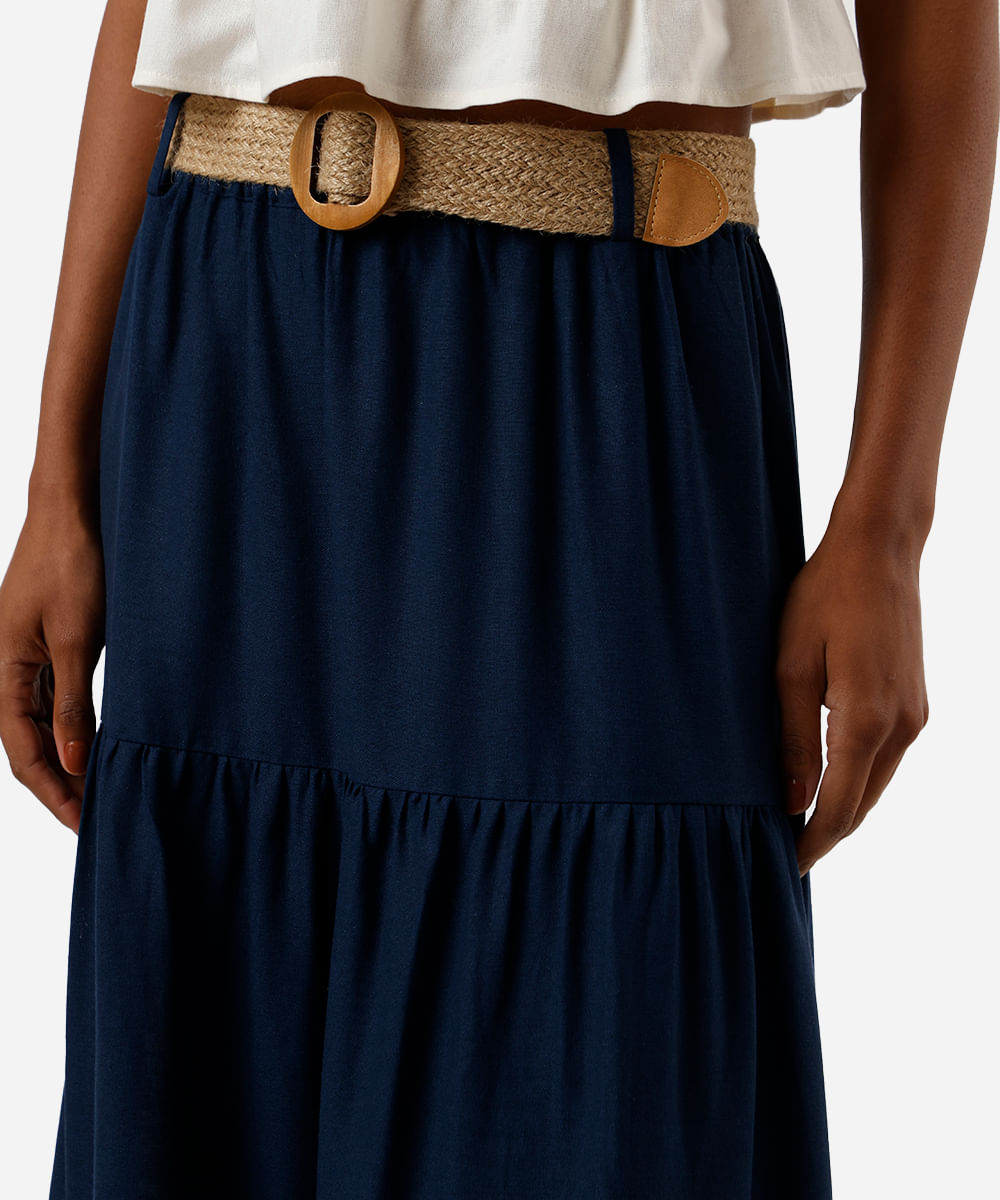 saia midi feminina com linho e cinto azul
