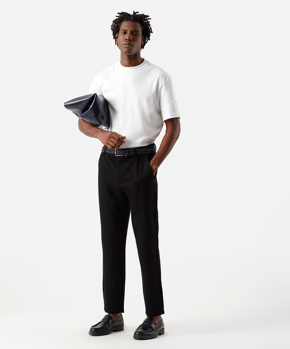 calça slim masculina texturizada cós elástico preta