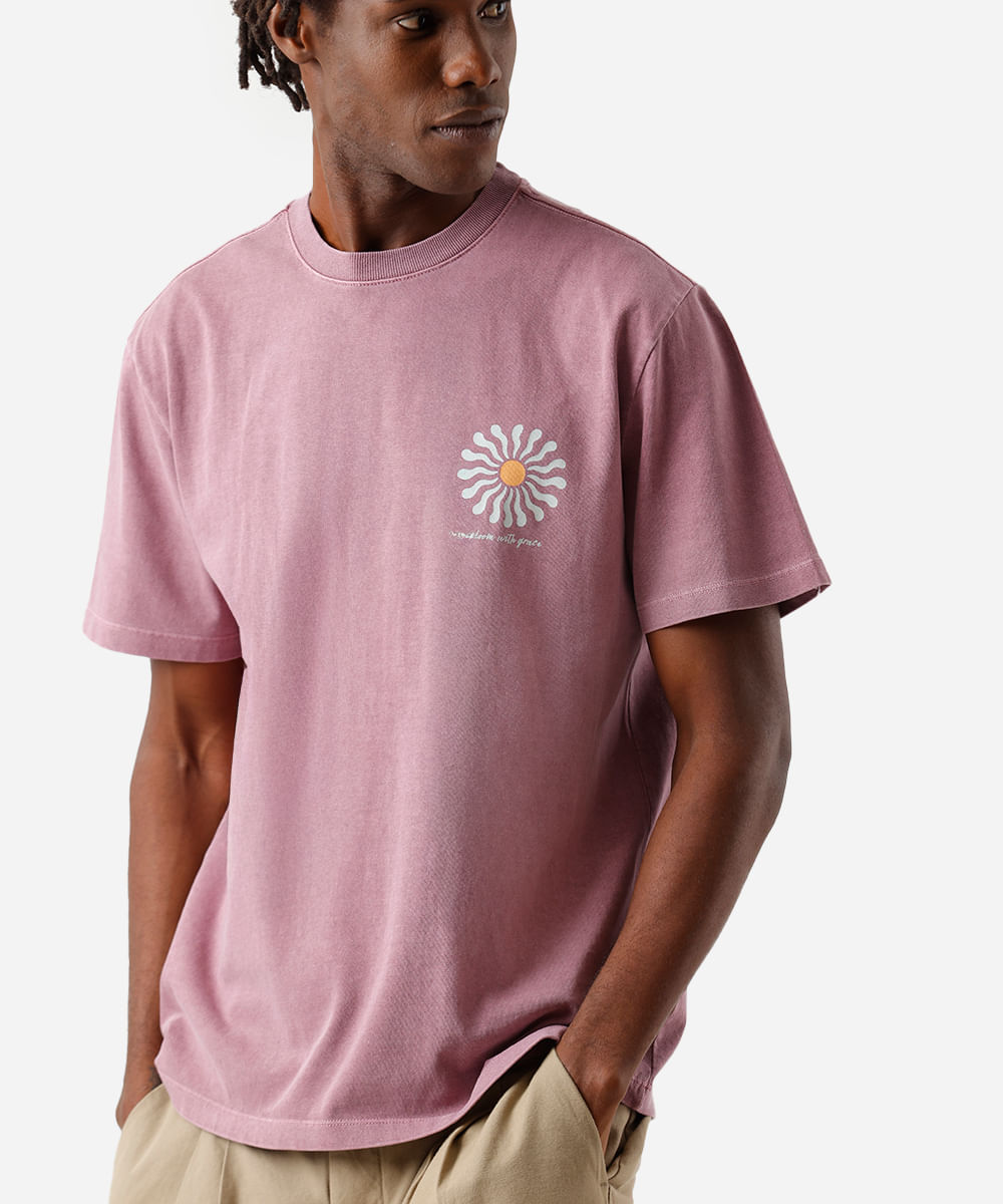 camiseta masculina de algodão estonada floral rosa