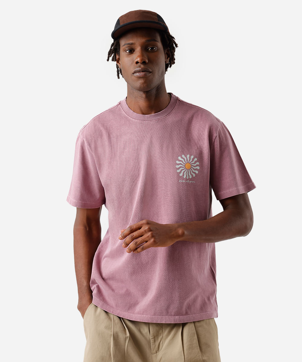 camiseta masculina de algodão estonada floral rosa