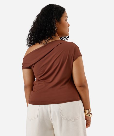 blusa feminina de poliamida assimétrica franzida plus size marrom