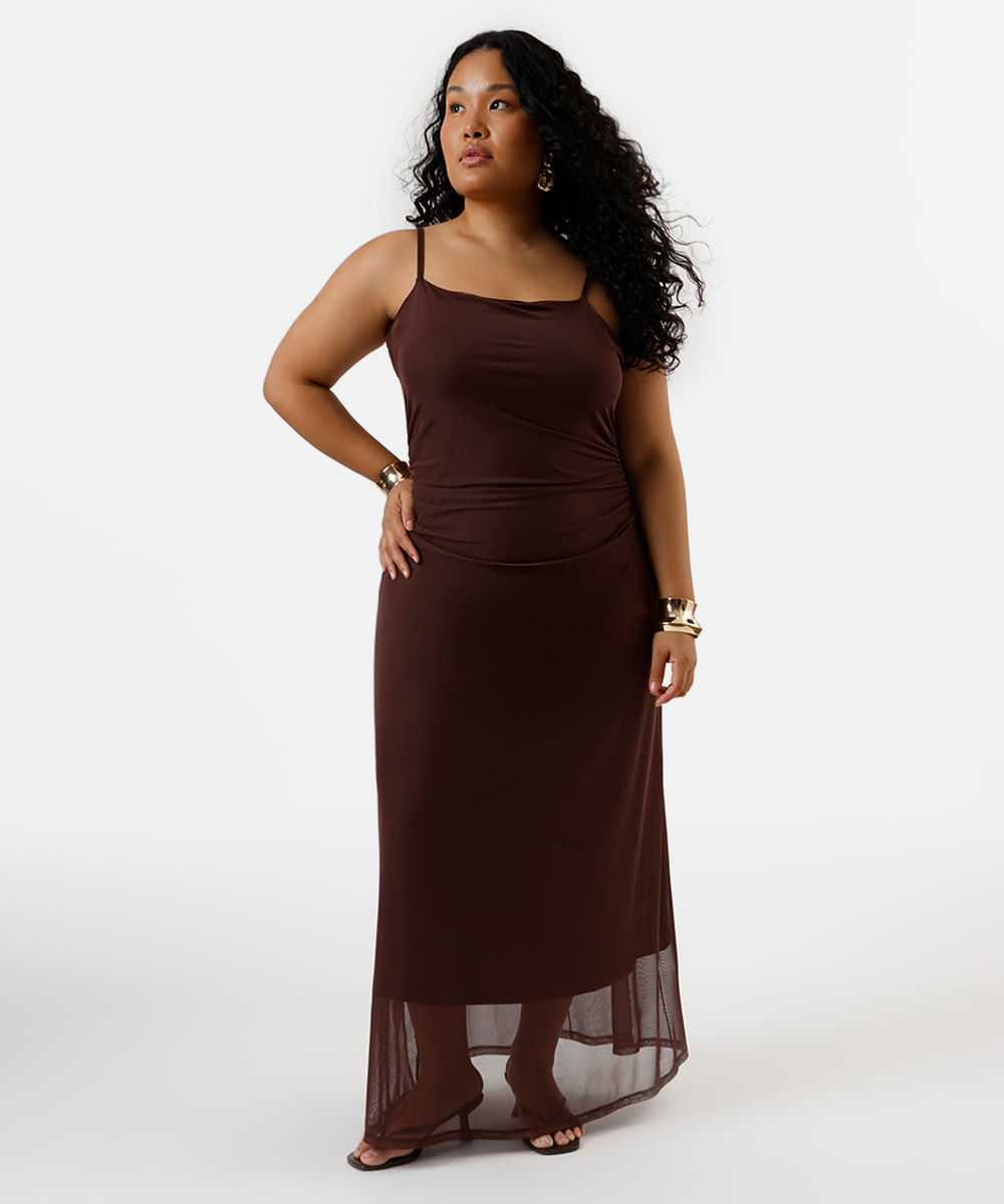 vestido longo feminino de tule alça fina franzido plus size marrom