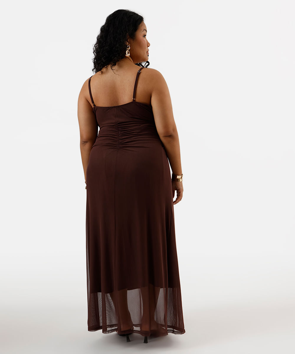 vestido longo feminino de tule alça fina franzido plus size marrom