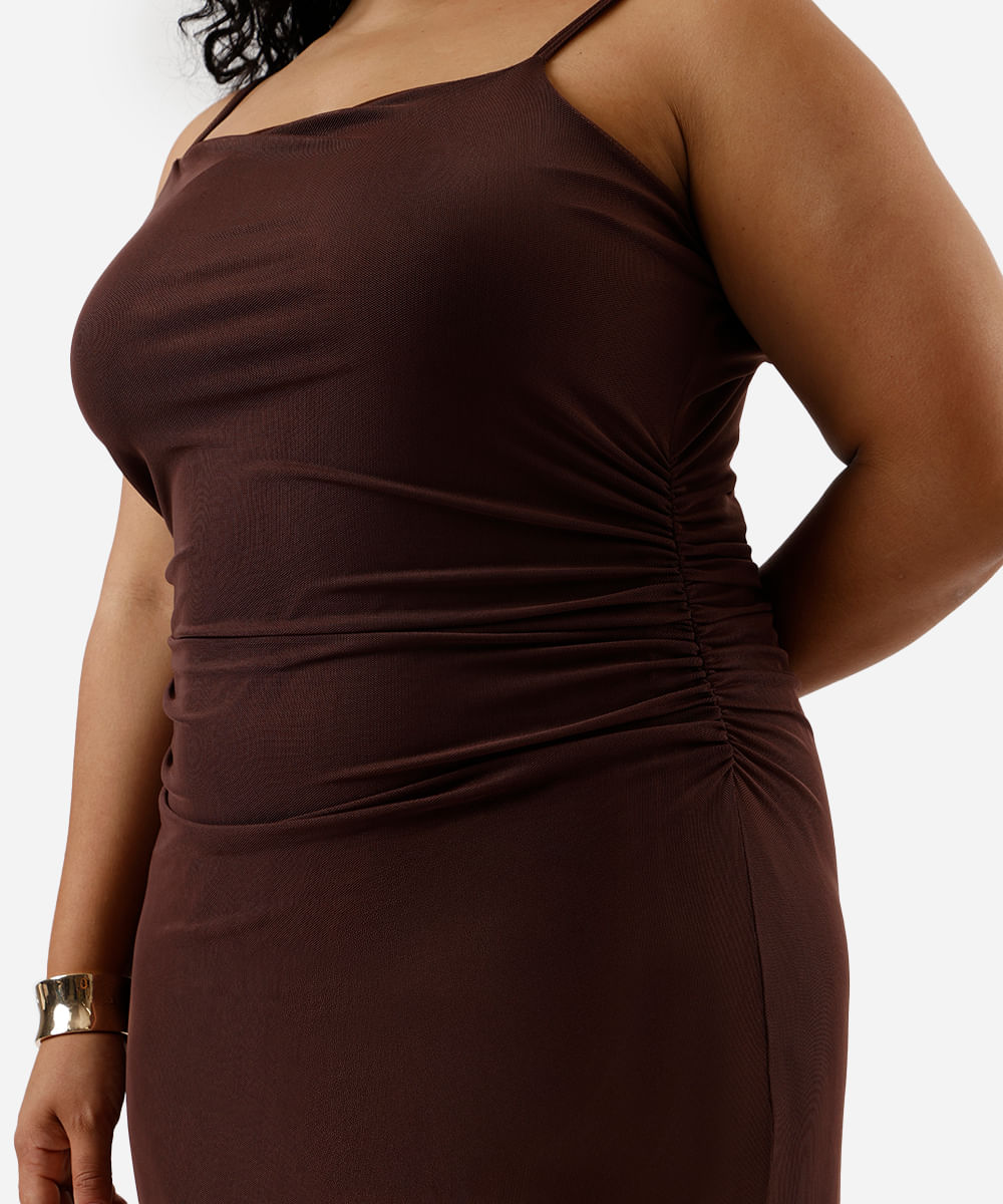 vestido longo feminino de tule alça fina franzido plus size marrom