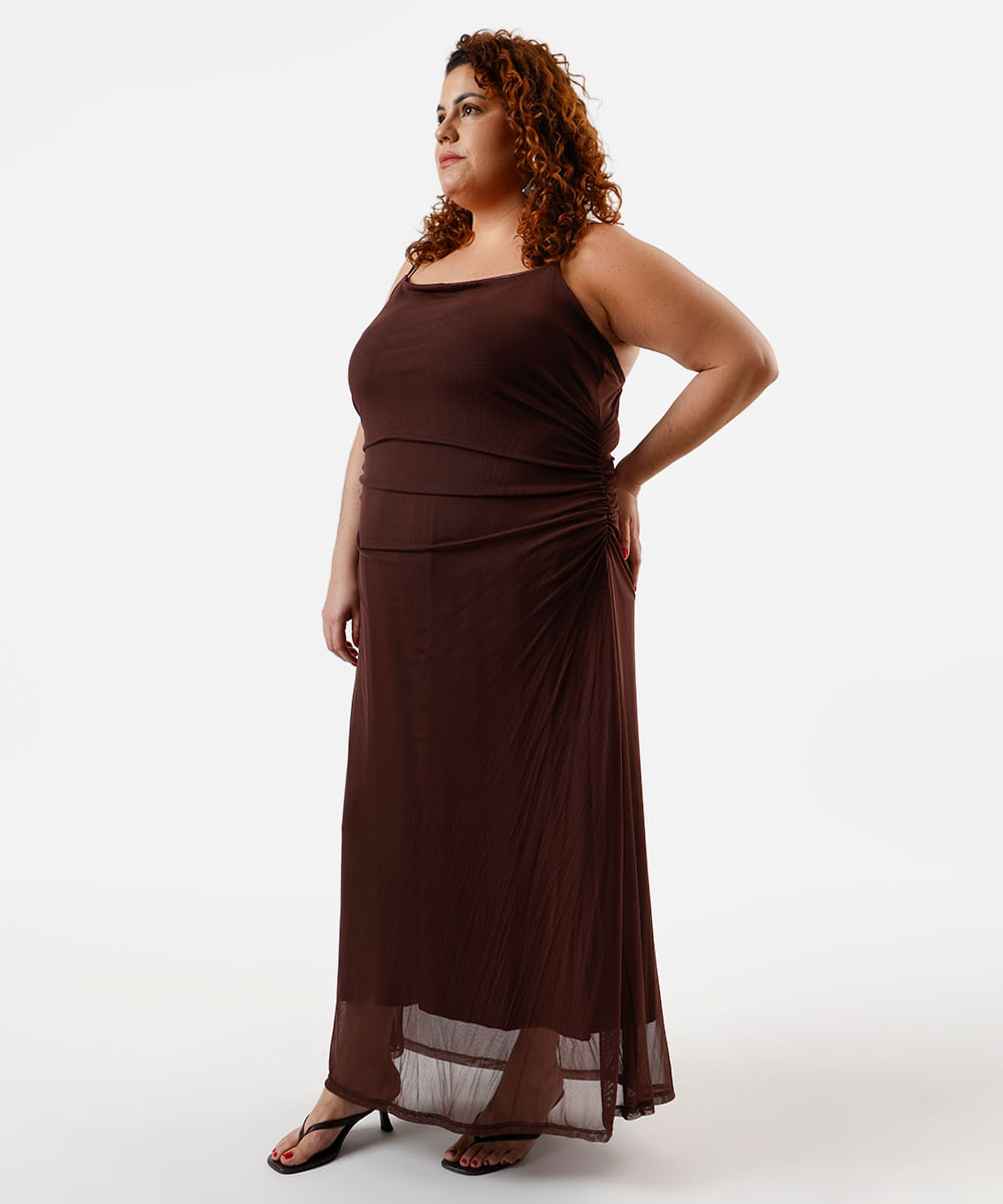 vestido longo feminino de tule alça fina franzido plus size marrom