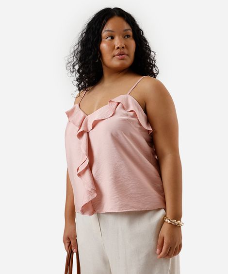blusa feminina com viscose alça fina com babados plus size rosa