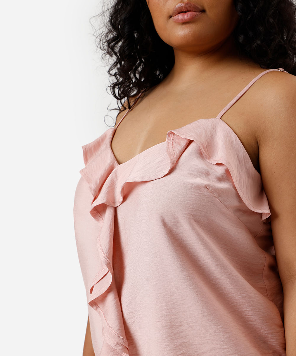 blusa feminina com viscose alça fina com babados plus size rosa