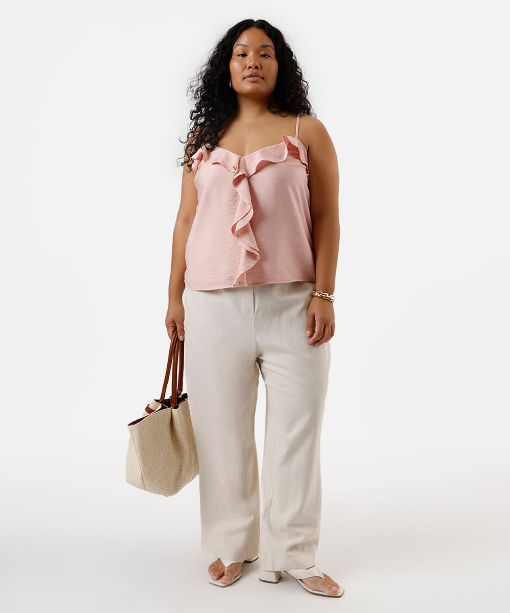blusa feminina com viscose alça fina com babados plus size rosa