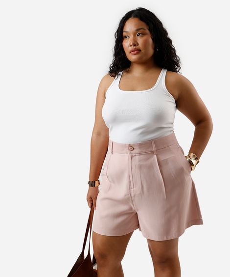 short feminino de alfaiataria com pregas plus size rosa