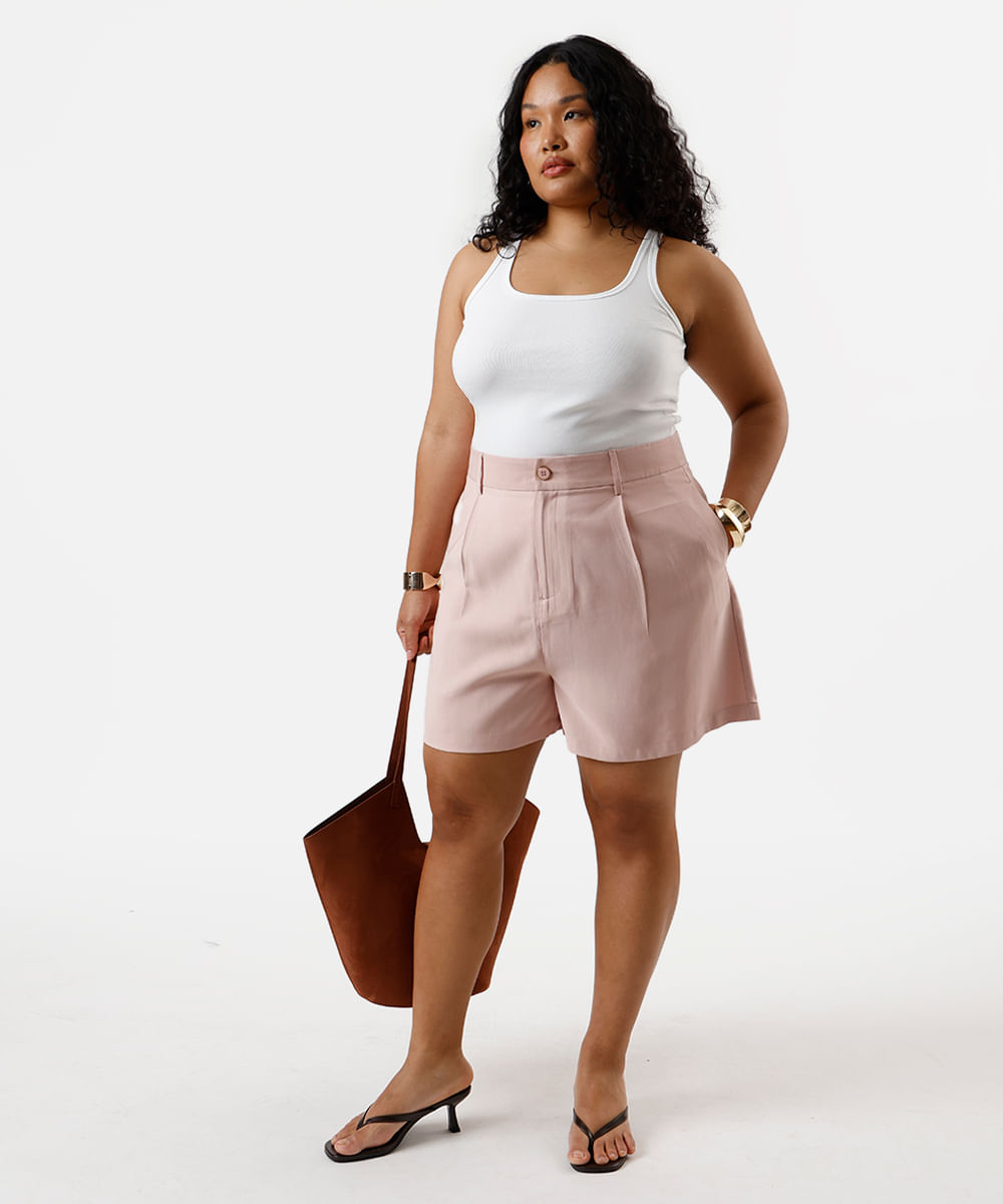 short feminino de alfaiataria com pregas plus size rosa