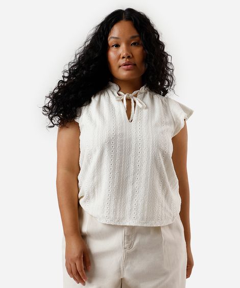 blusa feminina de laise manga curta plus size off white