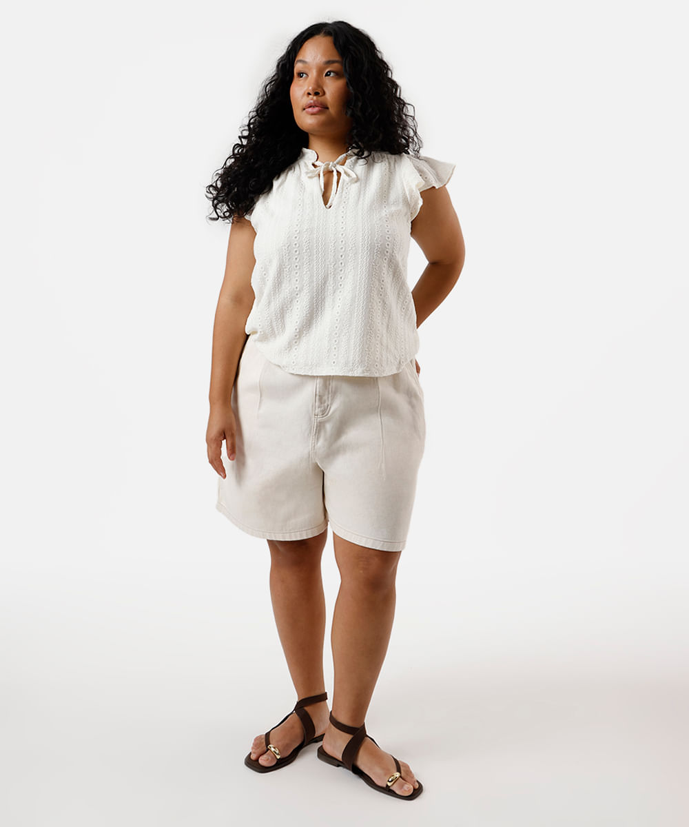 blusa feminina de laise manga curta plus size off white