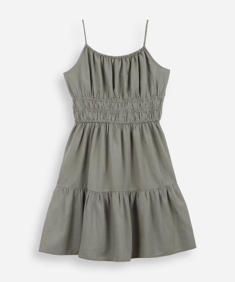 vestido curto juvenil alça fina com linho e recorte verde