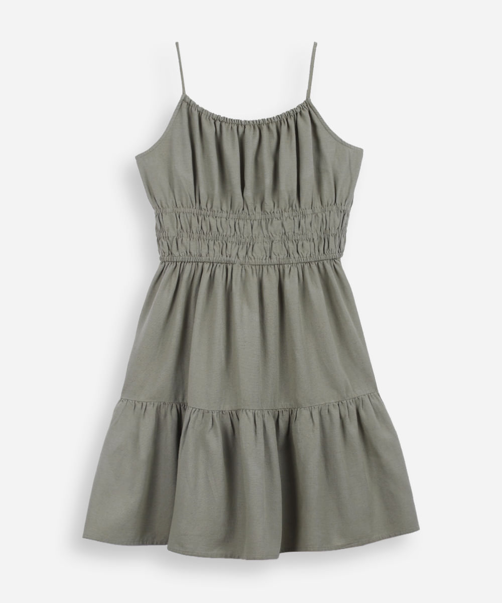 vestido curto juvenil alça fina com linho e recorte verde