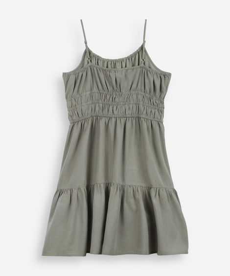 vestido curto juvenil alça fina com linho e recorte verde