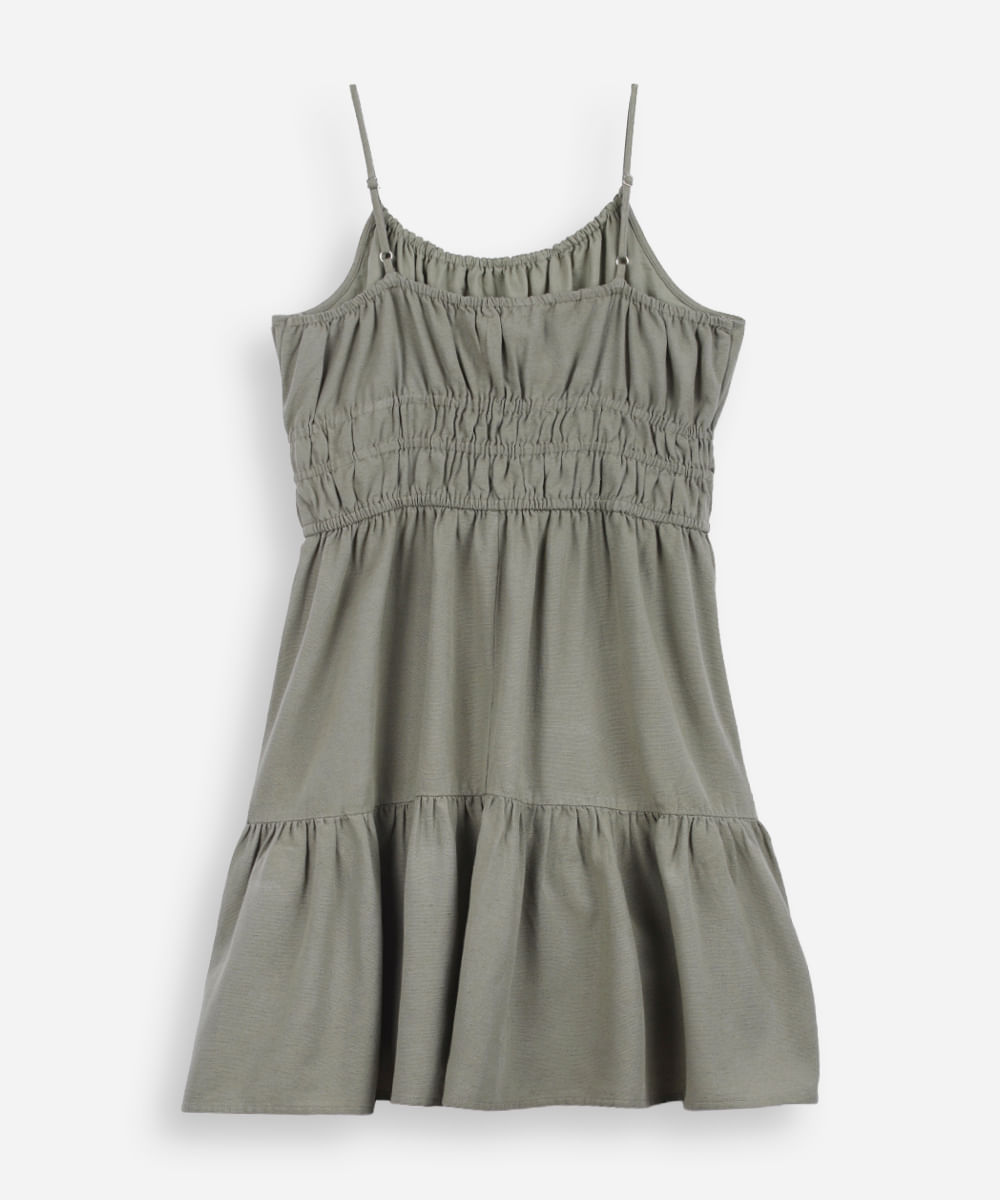 vestido curto juvenil alça fina com linho e recorte verde