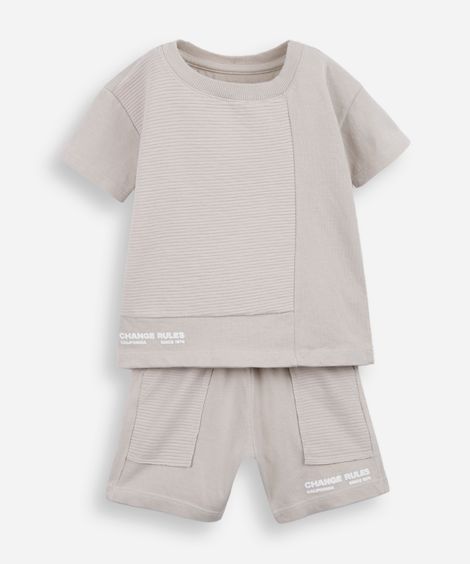 conjunto curto infantil com algodão e recortes texturizados bege