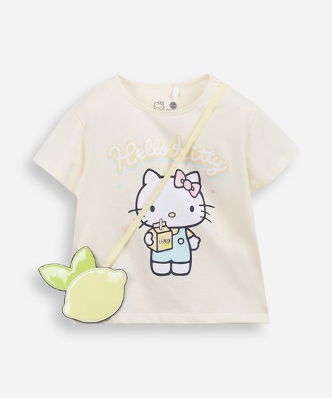 camiseta infantil de algodão hello kitty com bolsa amarela