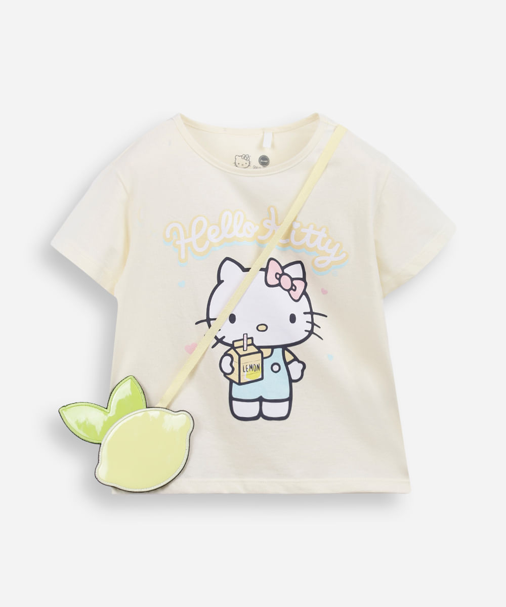 camiseta infantil de algodão hello kitty com bolsa amarela