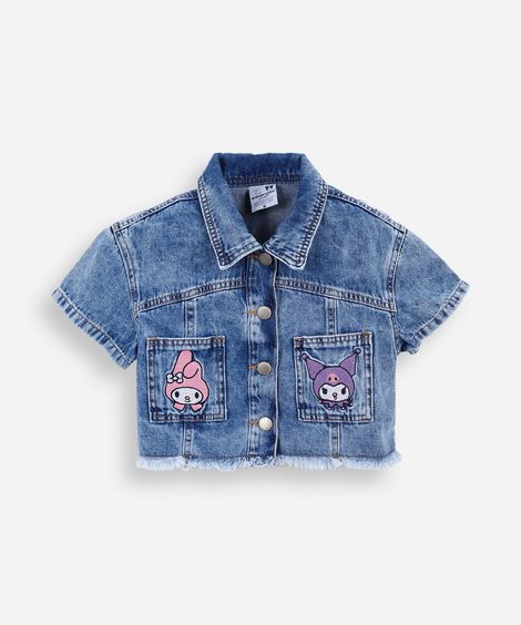 camisa infantil jeans bordado hello kitty azul