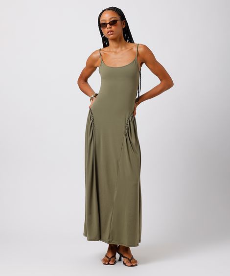 vestido midi feminino alça fina com franzidos mindset verde