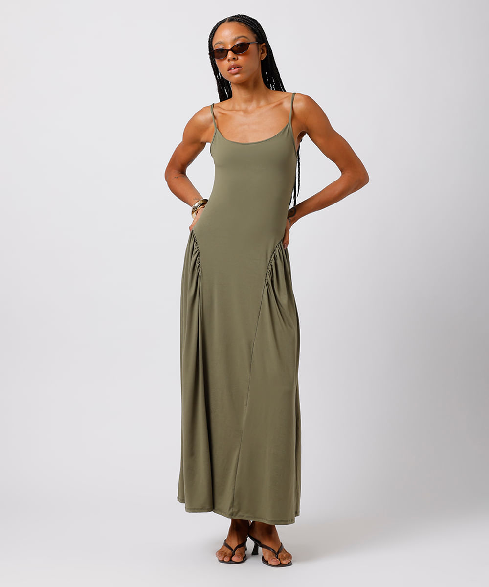 vestido midi feminino alça fina com franzidos mindset verde