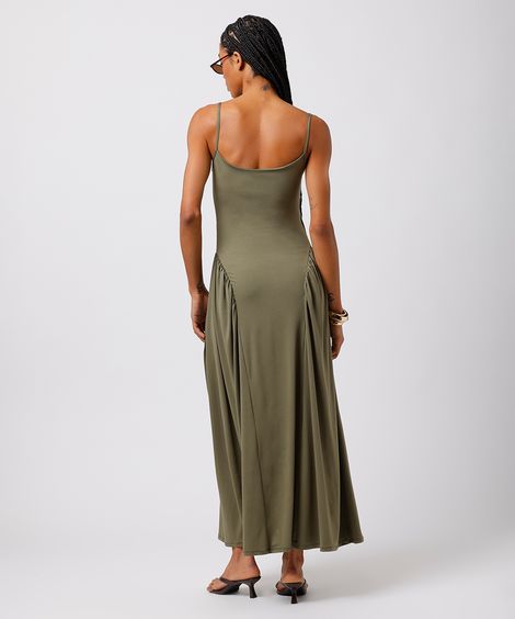 vestido midi feminino alça fina com franzidos mindset verde