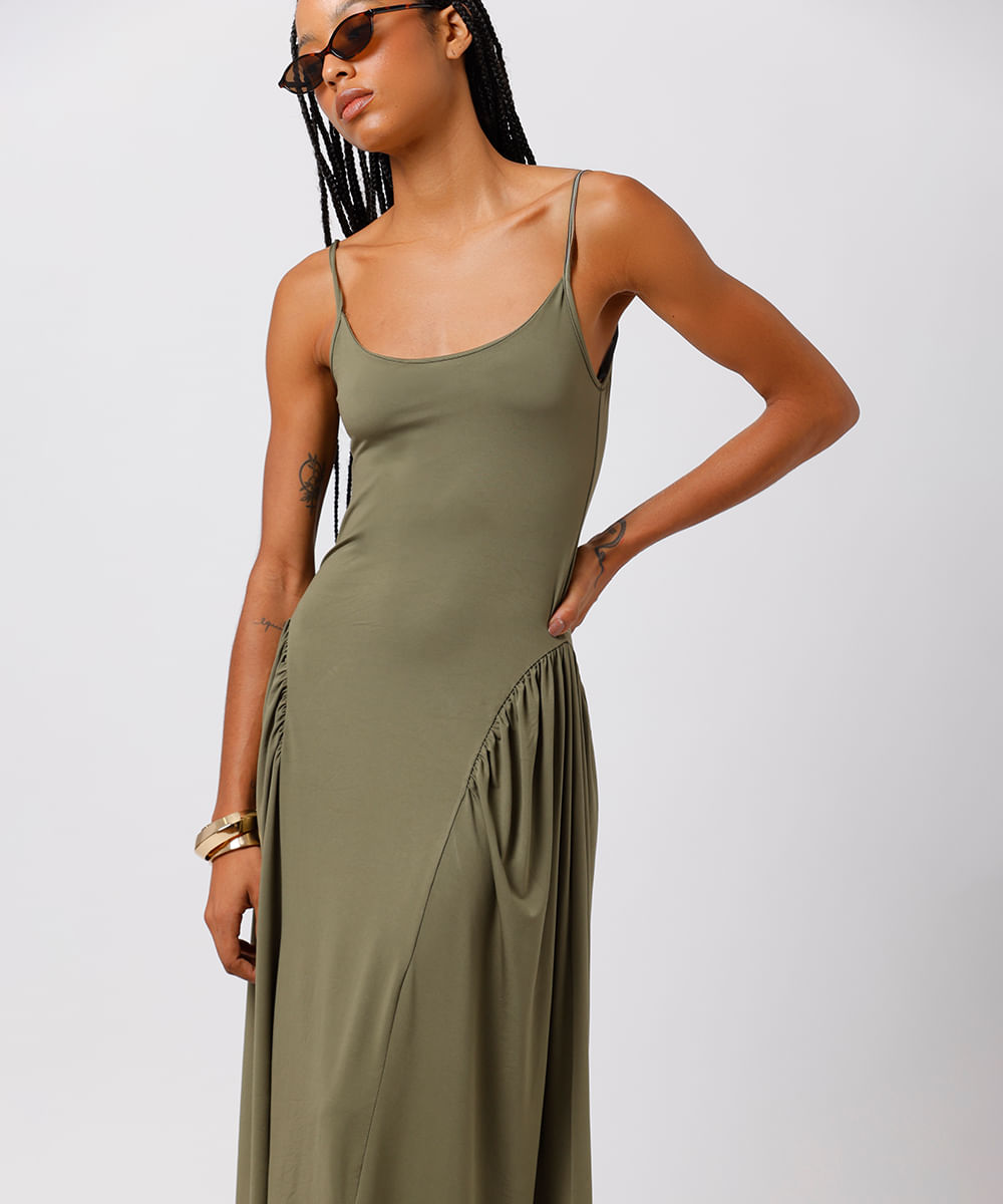 vestido midi feminino alça fina com franzidos mindset verde