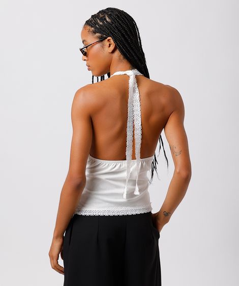 blusa frente única feminina com linho e renda mindset off white