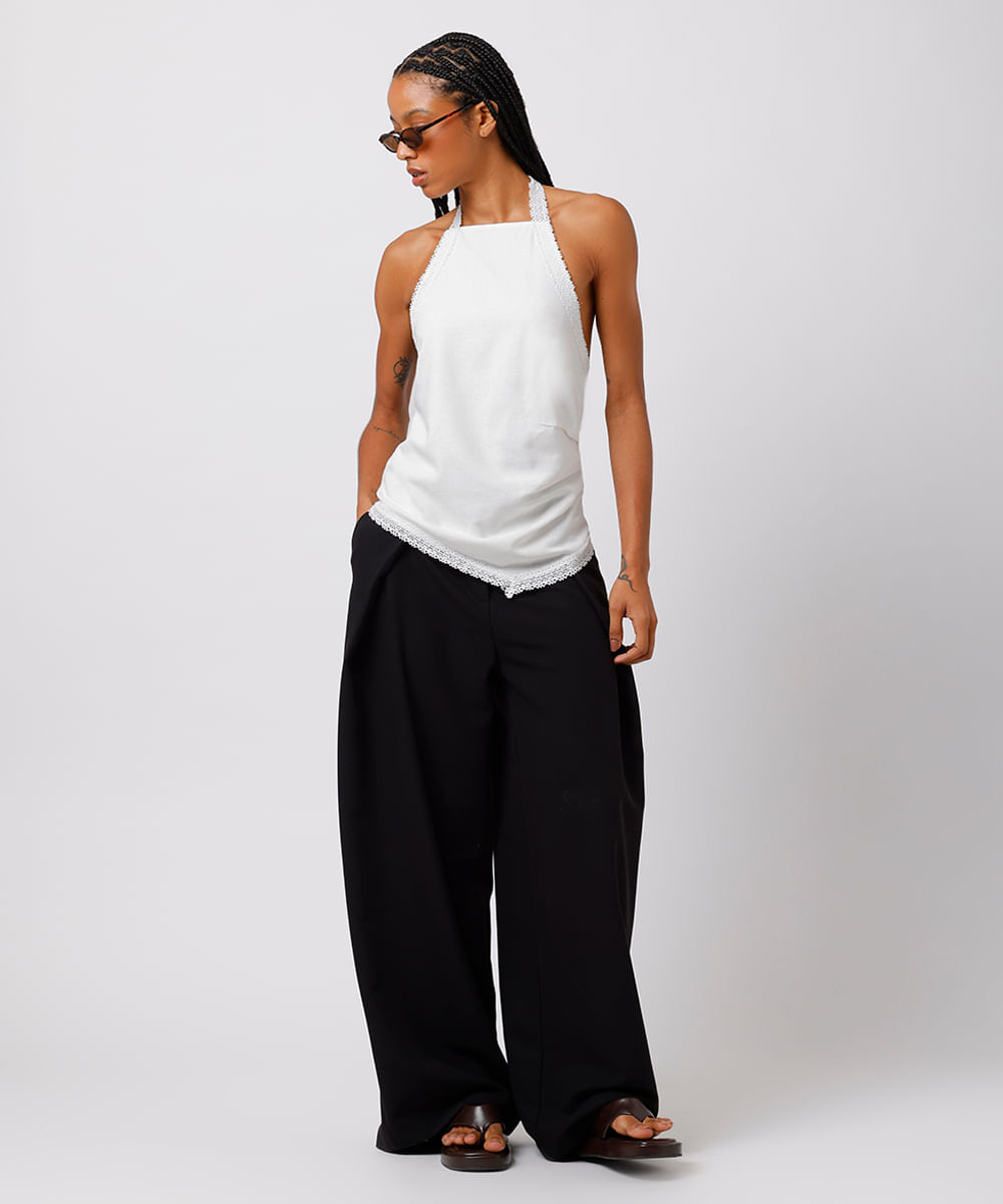 blusa frente única feminina com linho e renda mindset off white