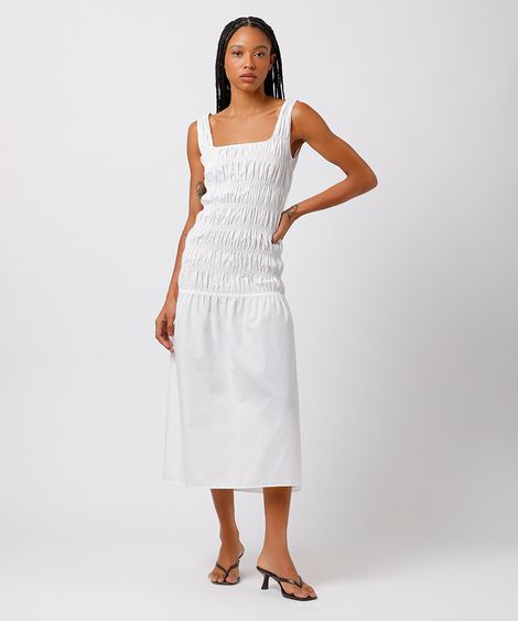 vestido midi feminino franzidos decote quadrado mindset off white