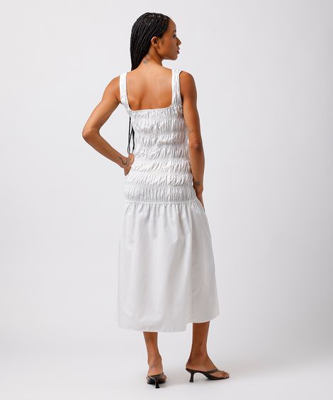 vestido midi feminino franzidos decote quadrado mindset off white
