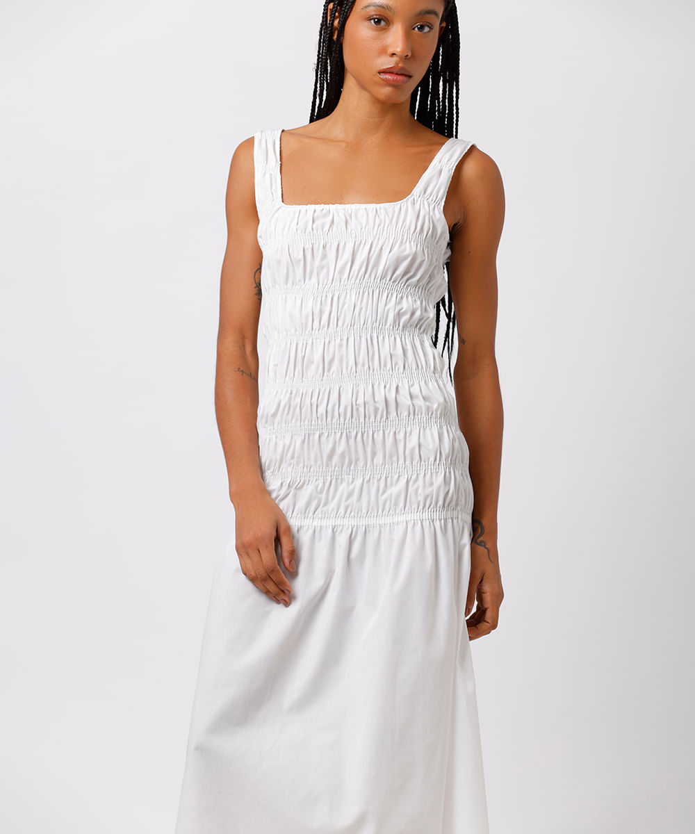 vestido midi feminino franzidos decote quadrado mindset off white