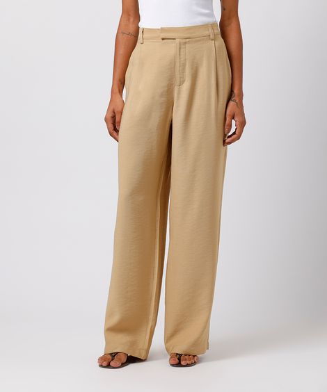 calça de alfaiataria feminina  com pregas mindset bege