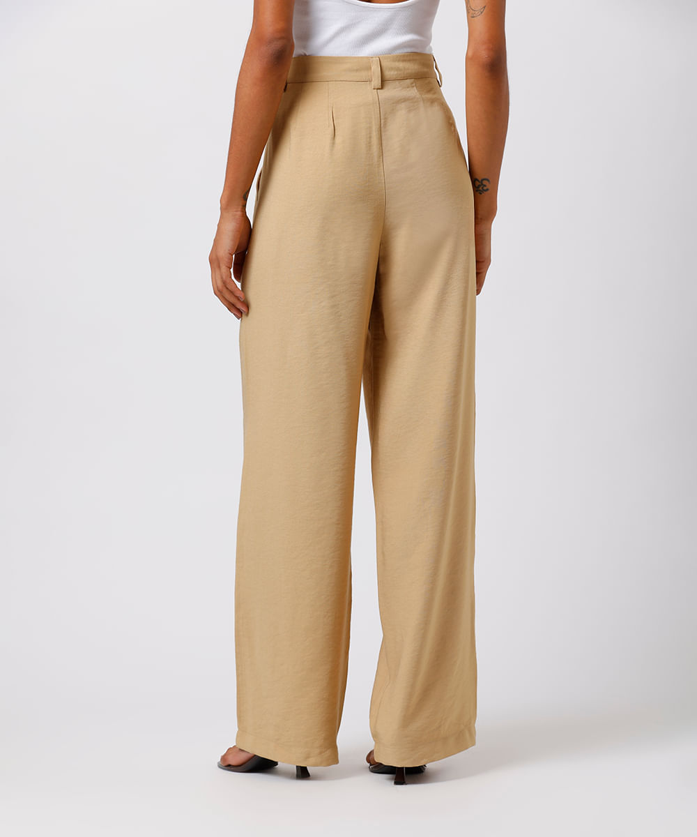 calça de alfaiataria feminina  com pregas mindset bege