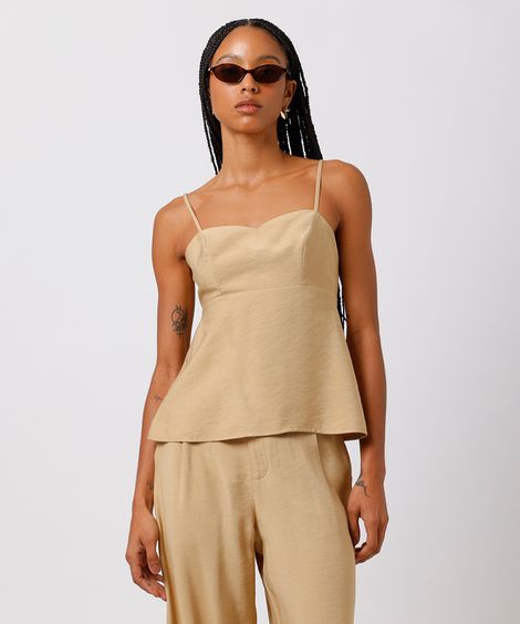 blusa feminina com viscose alça fina decote coração texturizada mindset bege