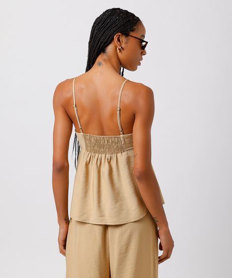 blusa feminina com viscose alça fina decote coração texturizada mindset bege