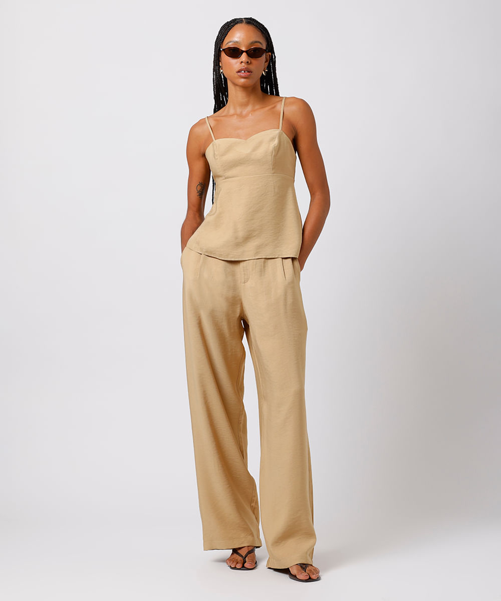 blusa feminina com viscose alça fina decote coração texturizada mindset bege