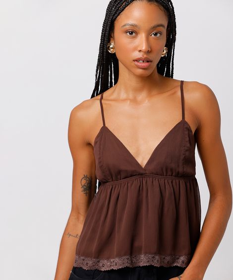 bata feminina alça fina com renda texturizada mindset marrom