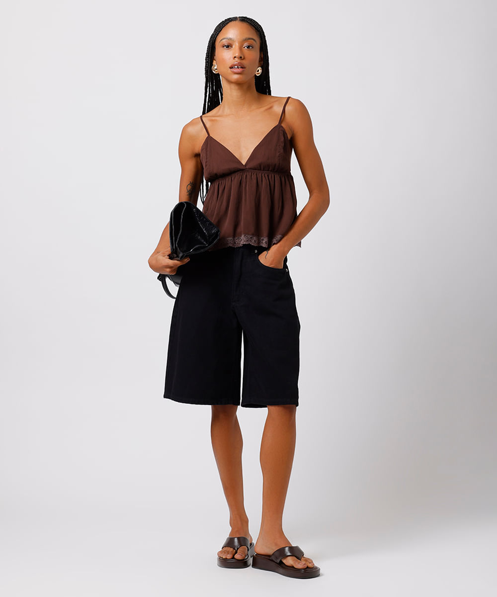 bata feminina alça fina com renda texturizada mindset marrom